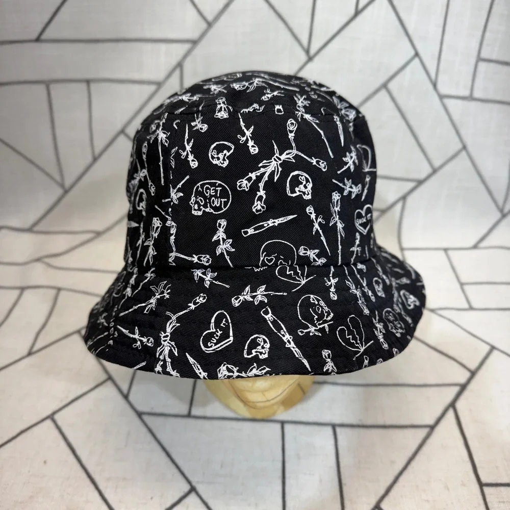 Melodie Perrault Bucket Hat OS Black‎ White Doodle Skull Rose Punk Streetwear